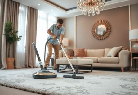 Professional carpet cleaner using advanced equipment on a plush carpet