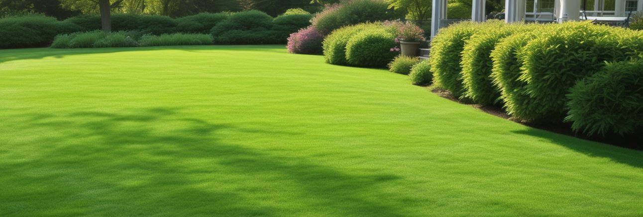 Beautiful lush green lawn with a perfect cut, surrounded by colorful flower beds and a clear blue sky