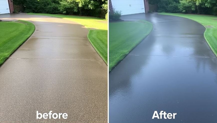 Before and after comparison of power washing a driveway, showing dramatic improvement