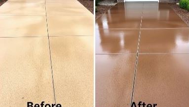 Before and after of a residential driveway power washing, showing significant improvement in cleanliness