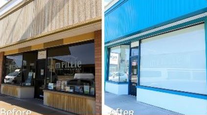 Commercial storefront before and after power washing, revealing vibrant colors and clean surfaces