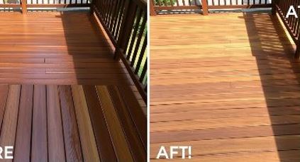 Wooden deck before and after power washing, showing removal of grime and restoration of natural wood color