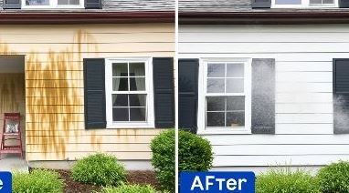 Exterior house siding before and after power washing, demonstrating removal of dirt and mildew