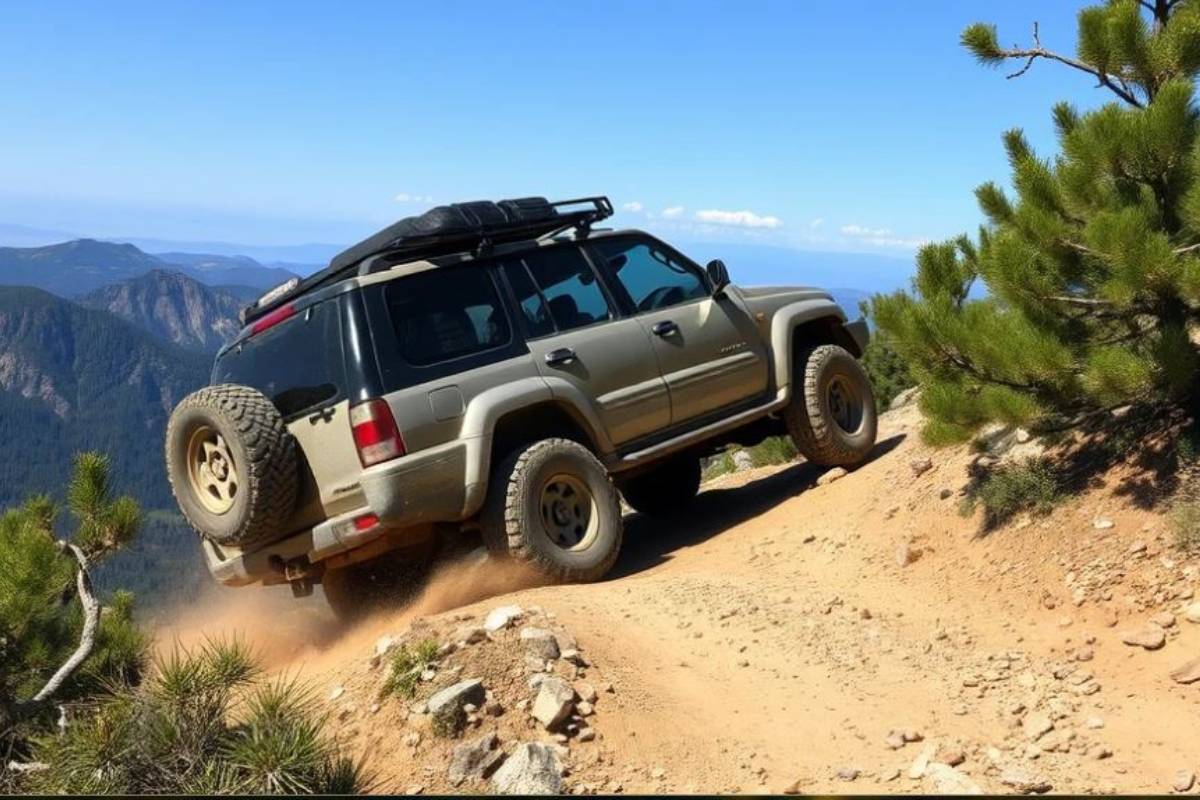 Sleek suv sport on a dirt road in the hills, professional photography