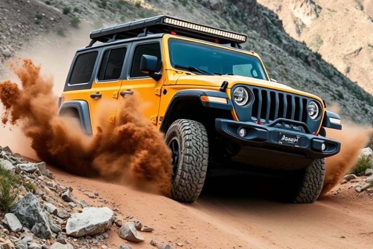 Yellow off-road SUV conquering a rugged mountain trail at dusk, action shot